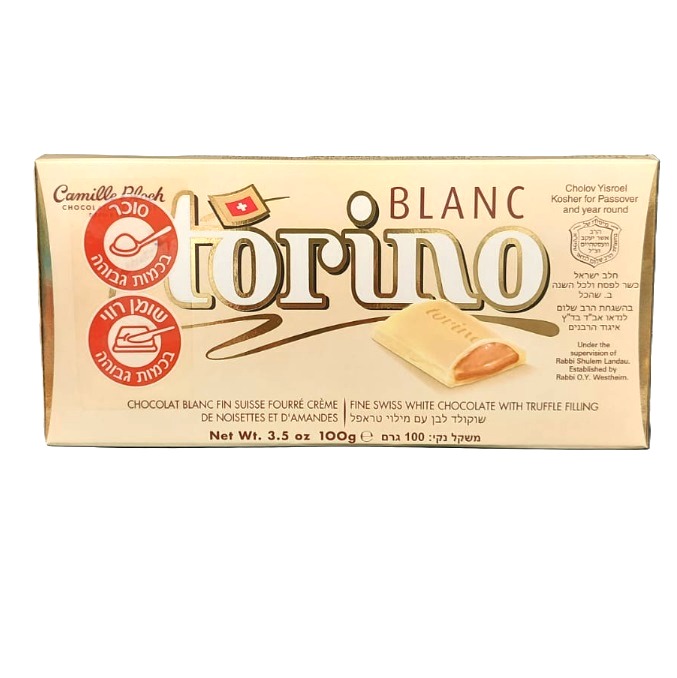 Torino Blanc Fine Swiss Milk Chocolate Bar With Truffle Filling, 100 Grams,  From Israel, Kosher Certified - Snack & Food Delivery Worldwide