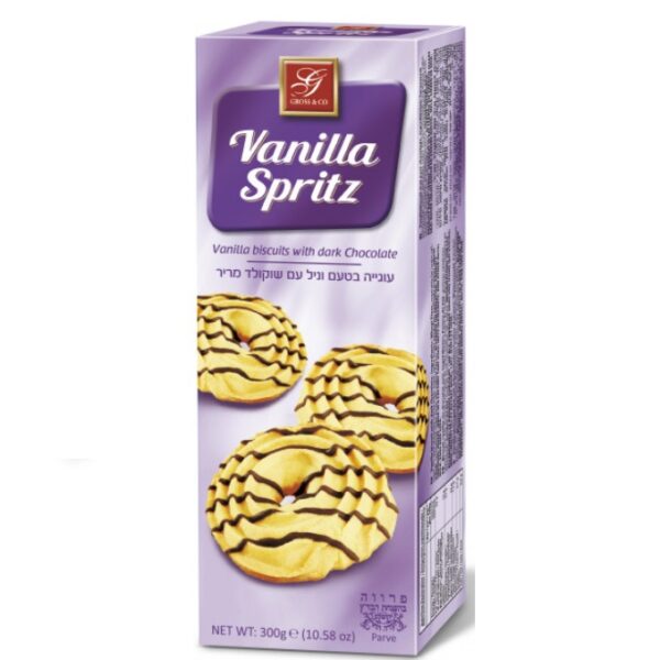 Gross & Co Vanilla Spritz Vanilla Cookies With Dark Chocolate Stripes